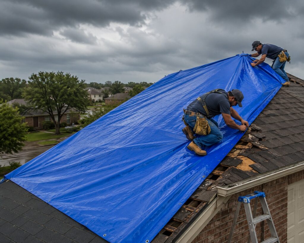 Workers applying blue tarp on roof