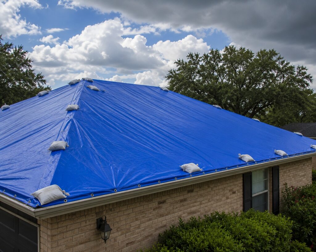 Blue tarp covering a damaged roof