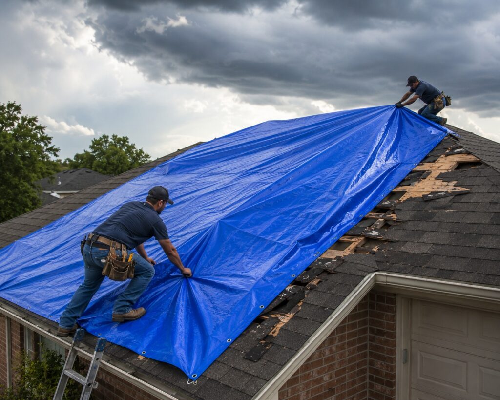 Workers covering damaged roof with tarp
