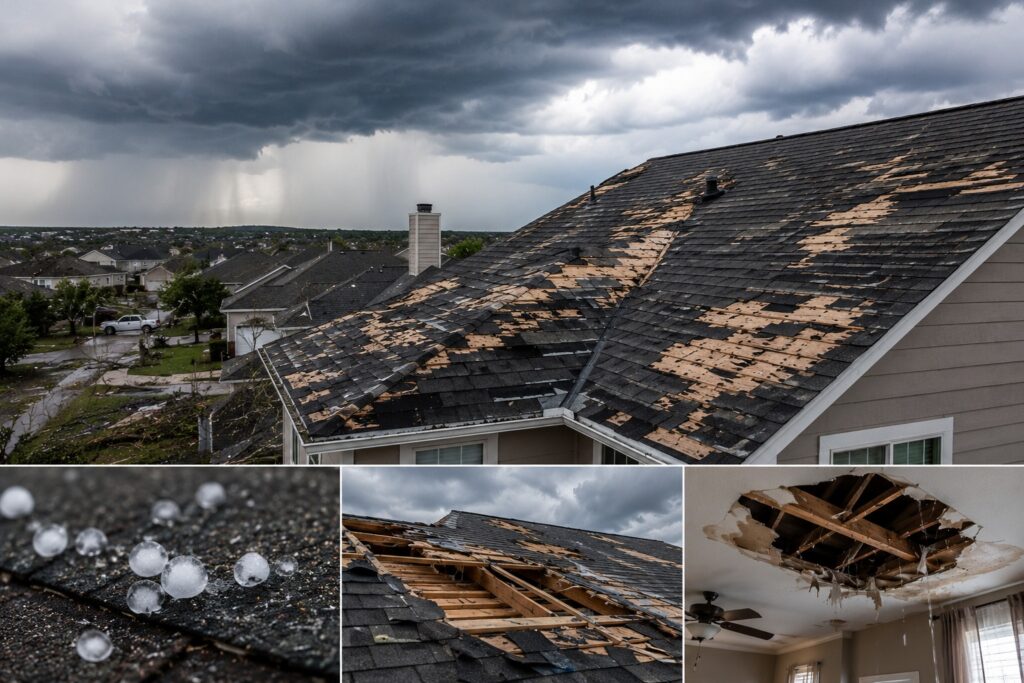 Severe roof damage from storm.