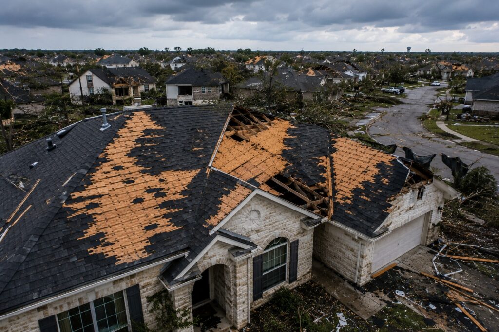 Severe roof damage from tornado aftermath.